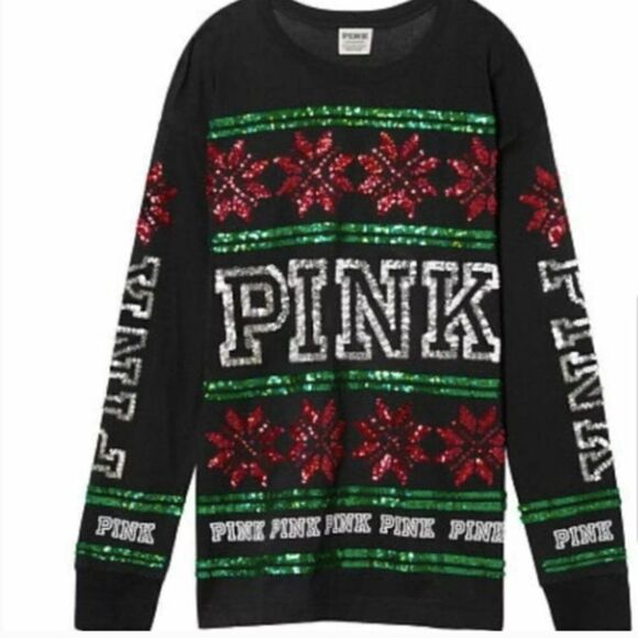 🎄 Victoria's Secret‎ PINK Sequin Bling Holiday Christmas Long Sleeve Tee Size S - Picture 3 of 10